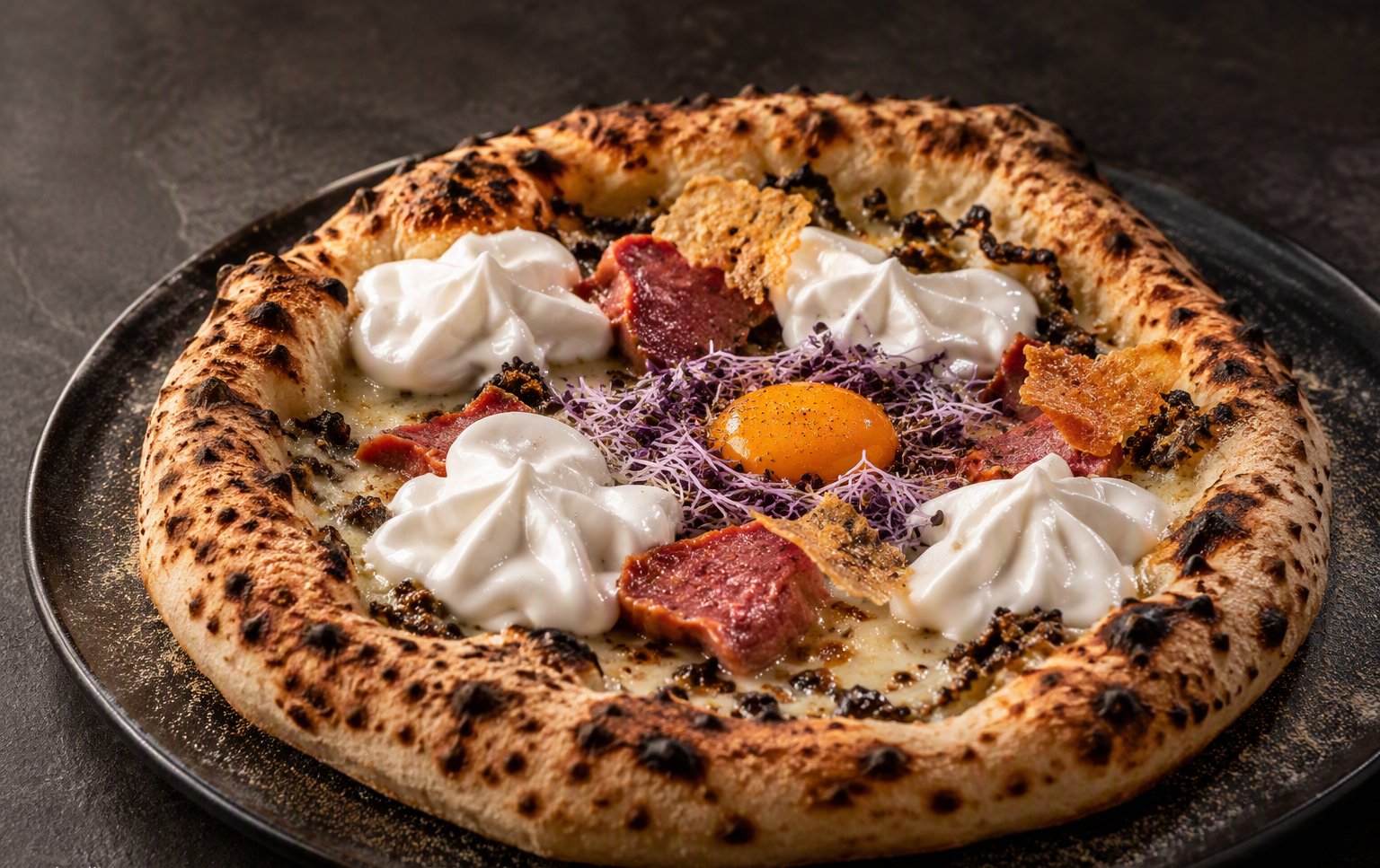 La pizza del BOS con burrata e tuorlo